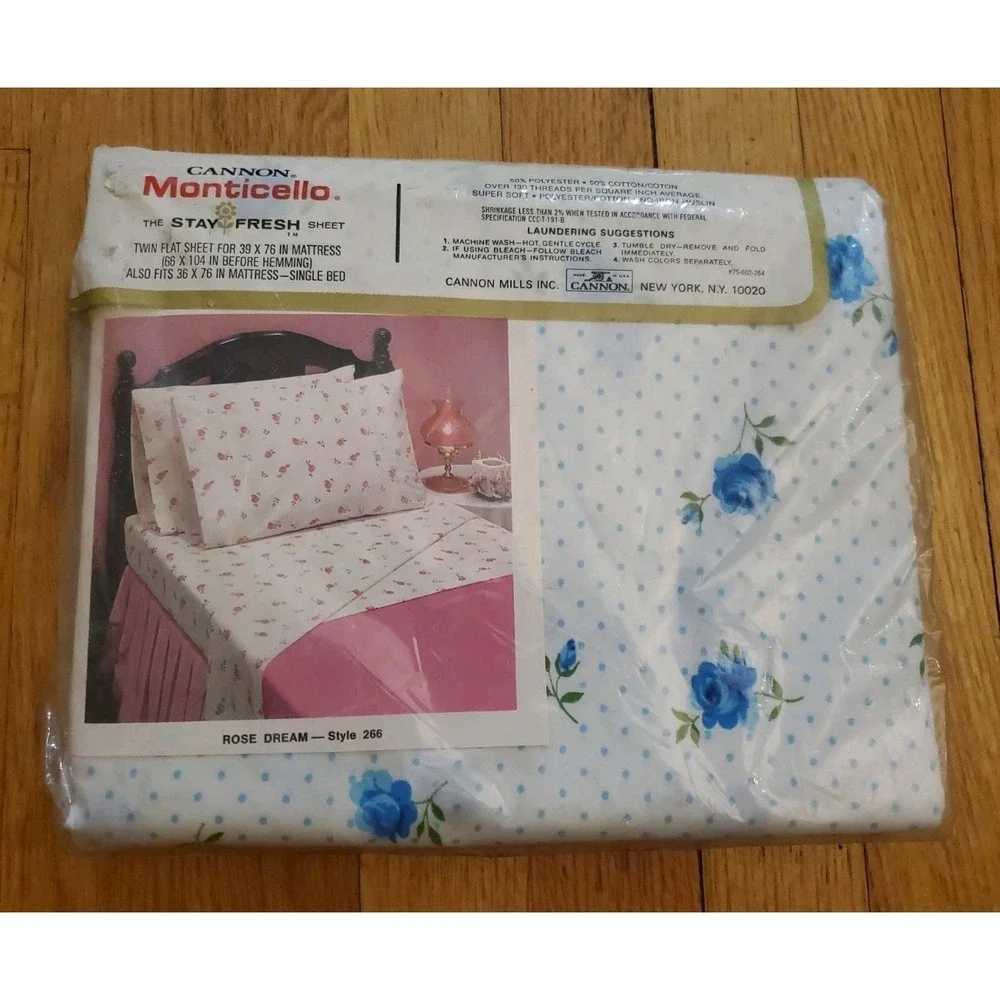 New Vintage Cannon Monticello Blue Roses Dotted Twin Flat Percale Sheet